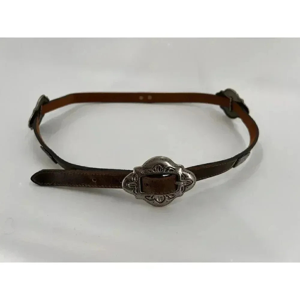 VINTAGE Harken Women's Western Silver Buckles Brown Leather Belt Made in USA